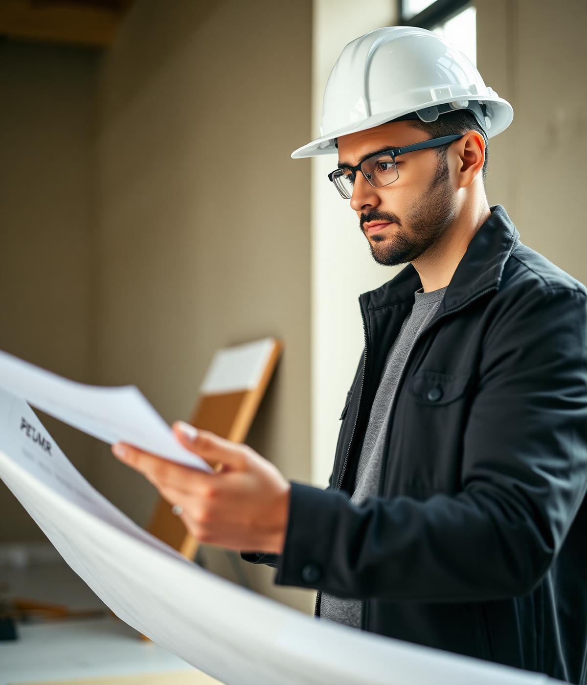 Project manager reviewing blueprints
